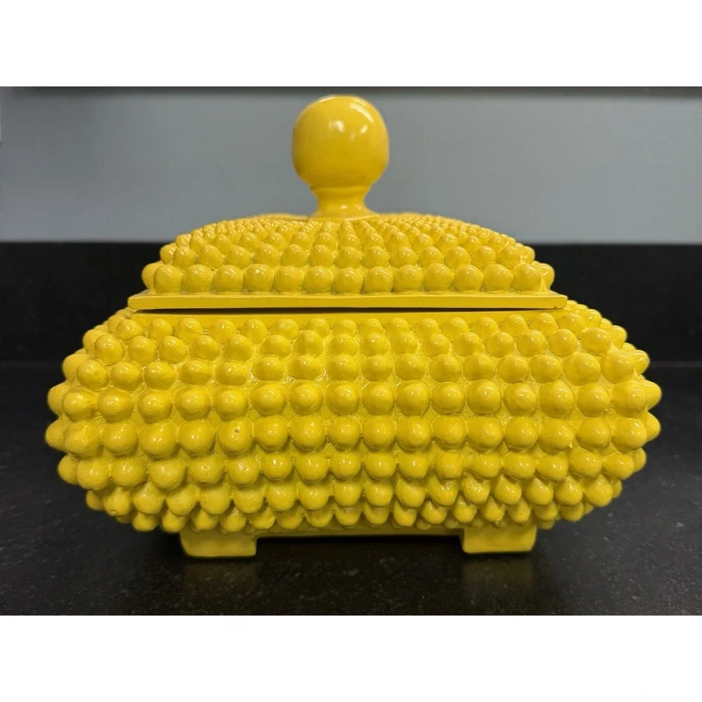 Vintage Yellow Hobnail Lidded Box Hollywood Regency Beaded Trinket Decor 10